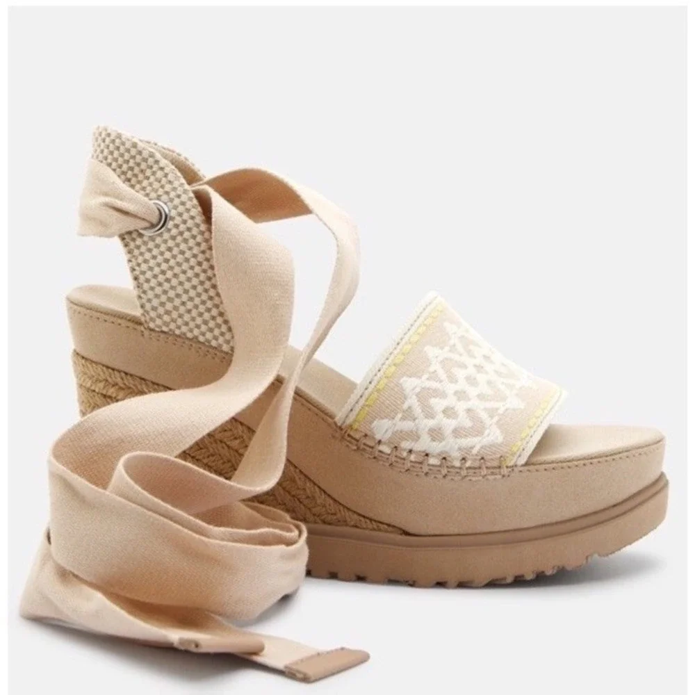 UGG Abbot Espadrille Wedge Sandals Ankle Wrap Lace Up Womens 7 NWT Resort Preppy - Picture 2 of 9